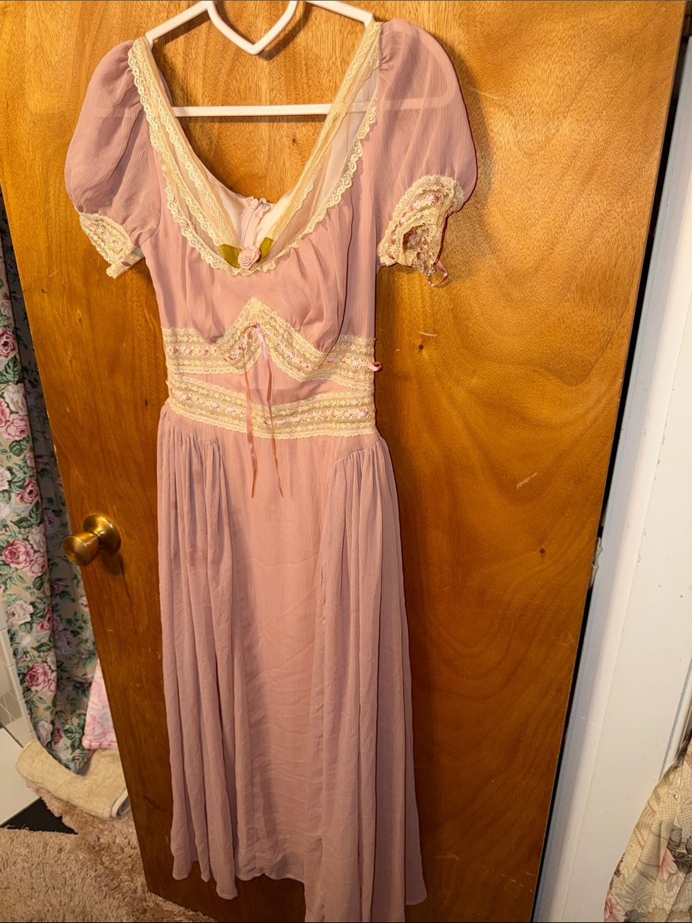 Vintage- Pink Lace Trim Maxi Dress
